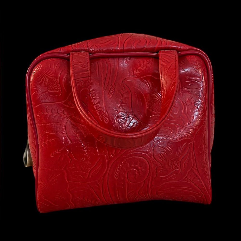 Red Embossed Oscar De La Renta Make Up Bag